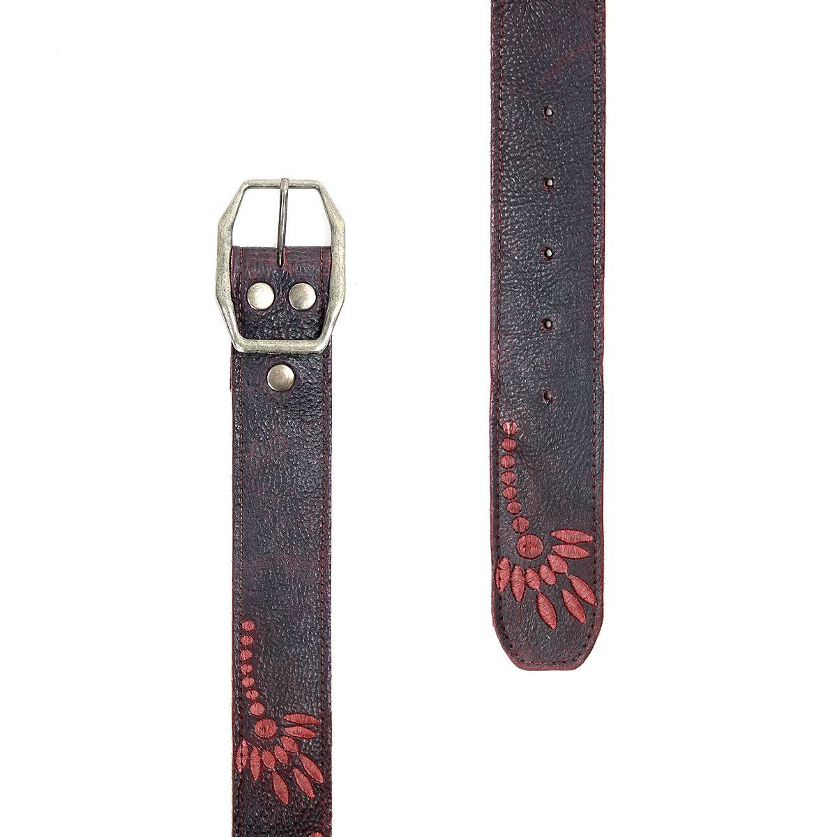 The Mohawk by Bed Stu is a black distressed leather belt featuring a silver buckle and red embroidered floral designs.