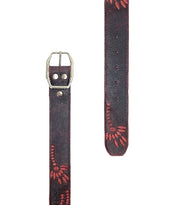 The Mohawk by Bed Stu is a black distressed leather belt featuring a silver buckle and red embroidered floral designs.