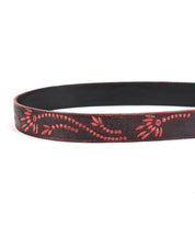 Discover the Mohawk by Bed Stu: a dark leather belt adorned with red, embossed floral patterns and intricate embroidered details.