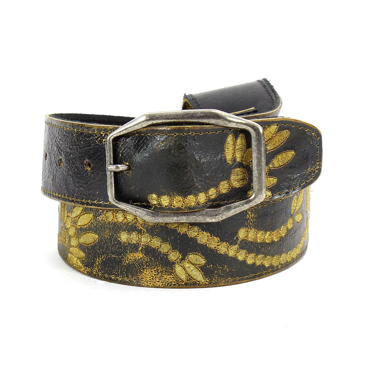 The Mohawk belt by Bed Stu features distressed leather adorned with a worn gold floral pattern and is equipped with a rectangular metal buckle.
