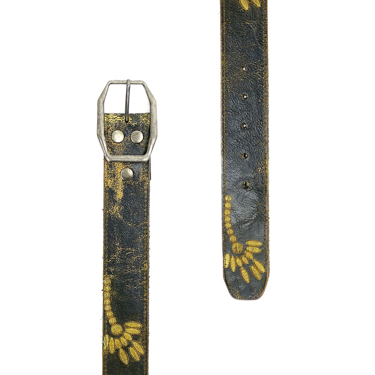 Close-up of the Bed Stu Mohawk women's distressed leather belt in dark tones, adorned with a floral design and featuring a metal buckle. The belt is displayed from the buckle end to the punched hole end.