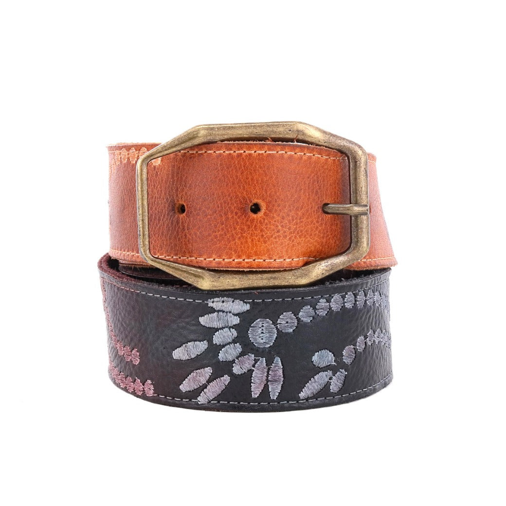 A Mohawk leather belt with a floral design on it. (Brand: Bed Stu)