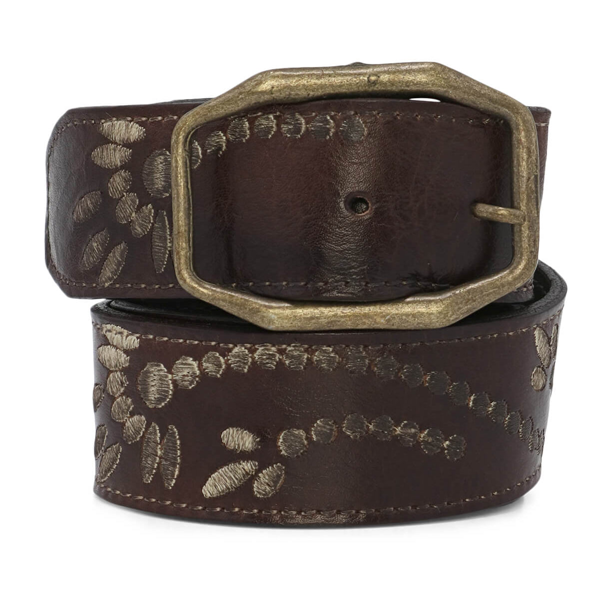A Mohawk leather belt with a gold buckle by Bed Stu.