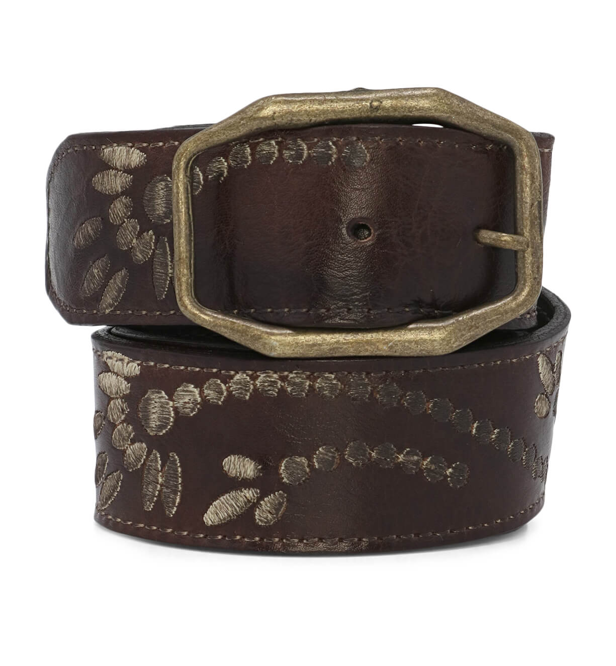 A Mohawk leather belt with a gold buckle by Bed Stu.