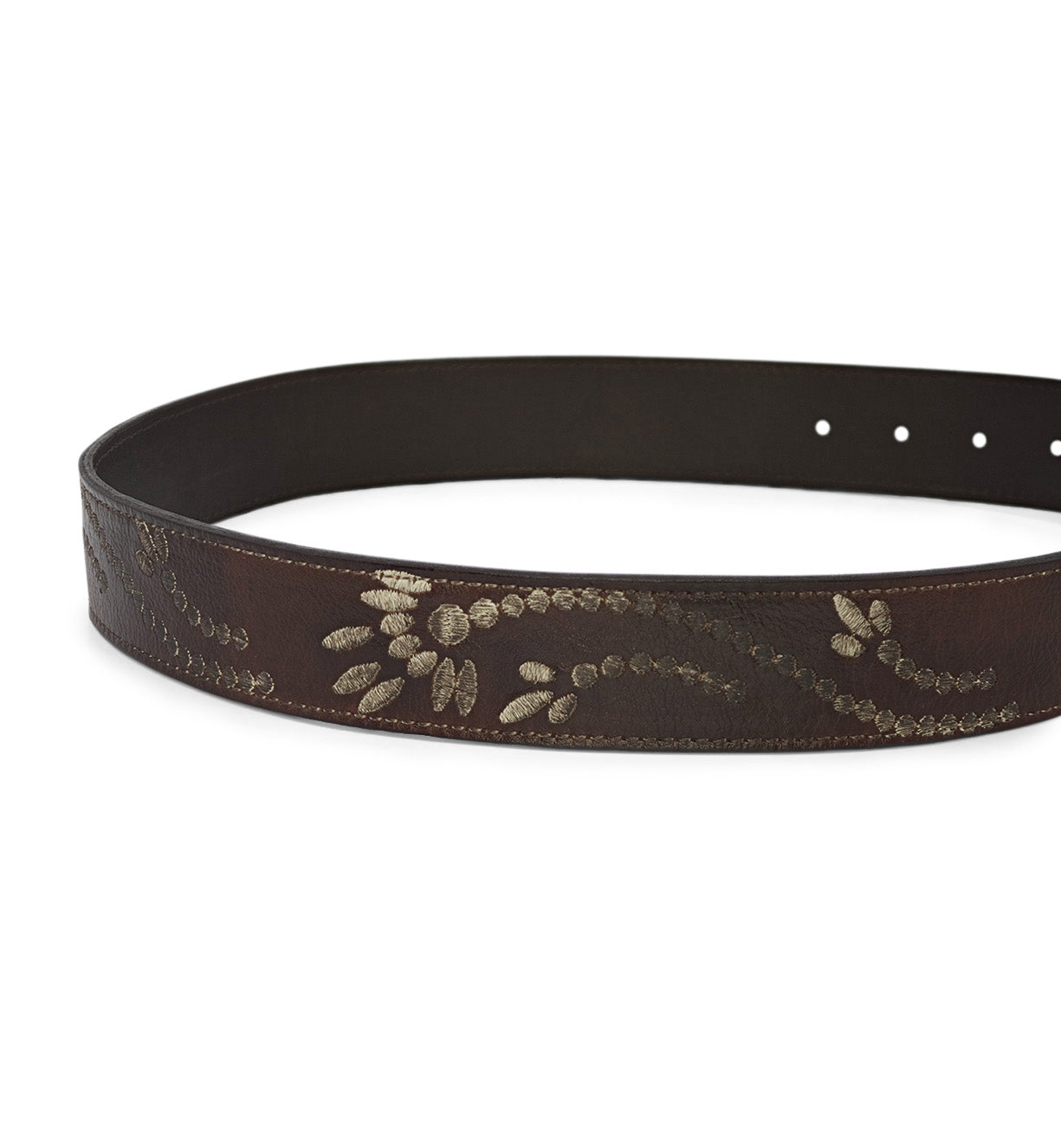 A Mohawk brown leather belt with a floral design on it, made by Bed Stu.