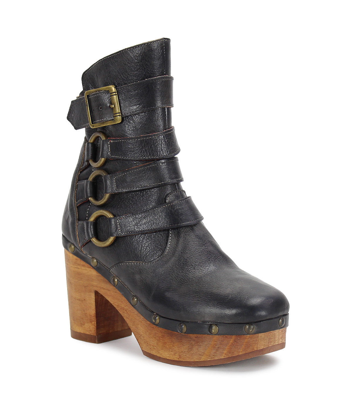 A women's Moira leather boot with wooden heels and metal accents by Bed Stu.