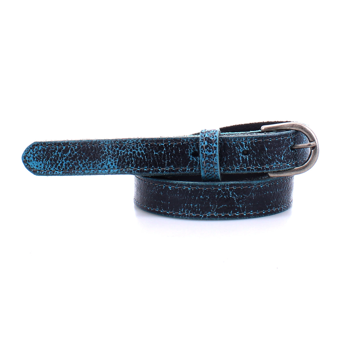 A blue and black crackle-finish Bed Stu Monae belt with a silver buckle is coiled in a circular shape against a white background.
