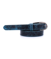A blue and black crackle-finish Bed Stu Monae belt with a silver buckle is coiled in a circular shape against a white background.