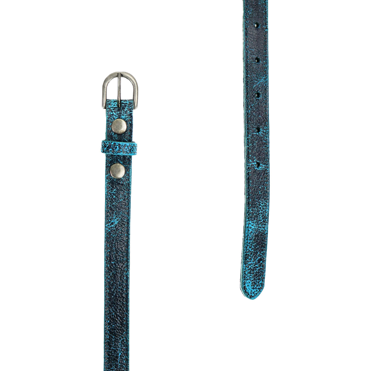 Close-up of the Bed Stu Monae belt in blue leather with a silver buckle, featuring multiple adjustment holes and double studs for fastening. The distressed leather adds a unique touch to this skinny belt.