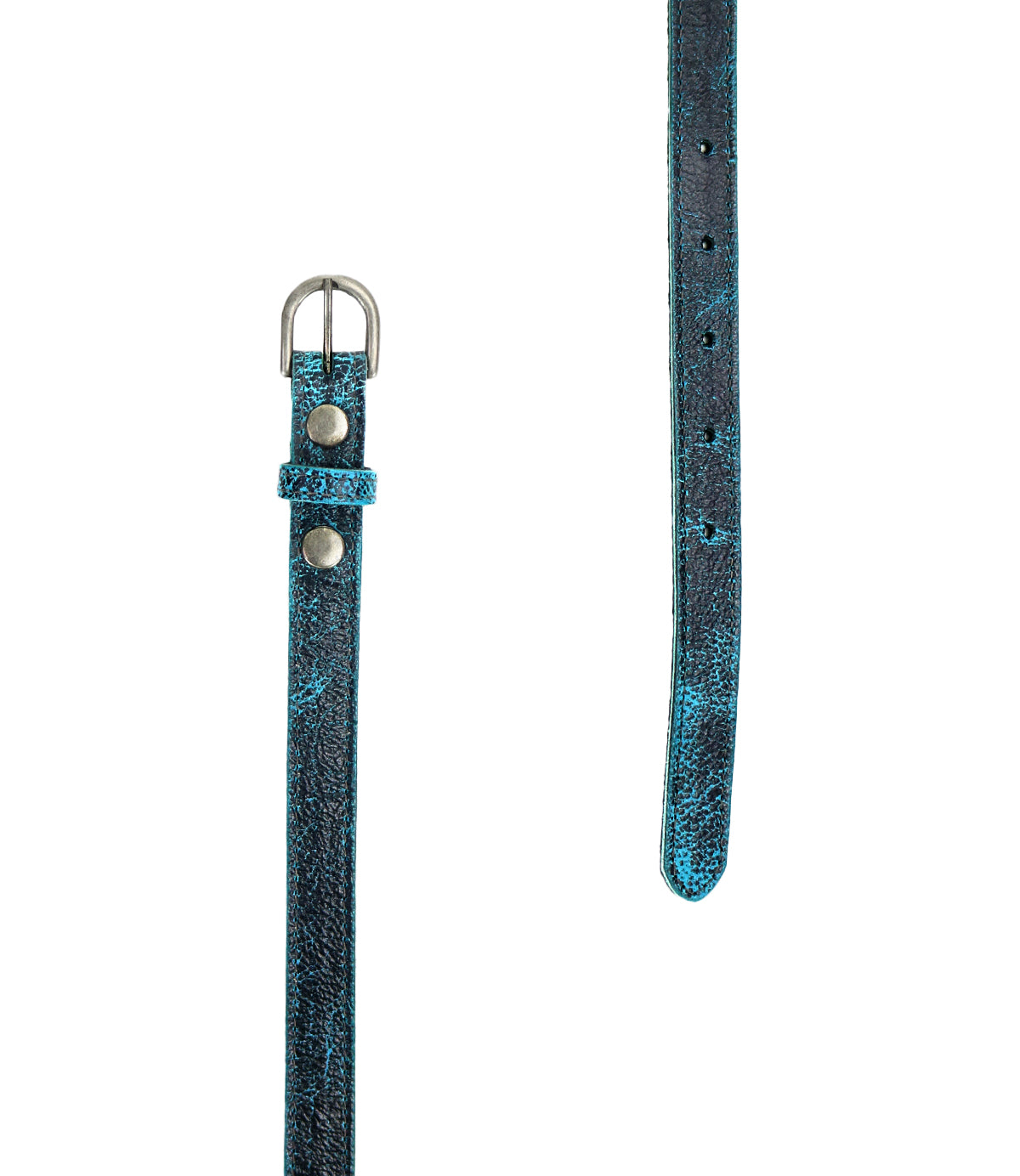 Close-up of the Bed Stu Monae belt in blue leather with a silver buckle, featuring multiple adjustment holes and double studs for fastening. The distressed leather adds a unique touch to this skinny belt.