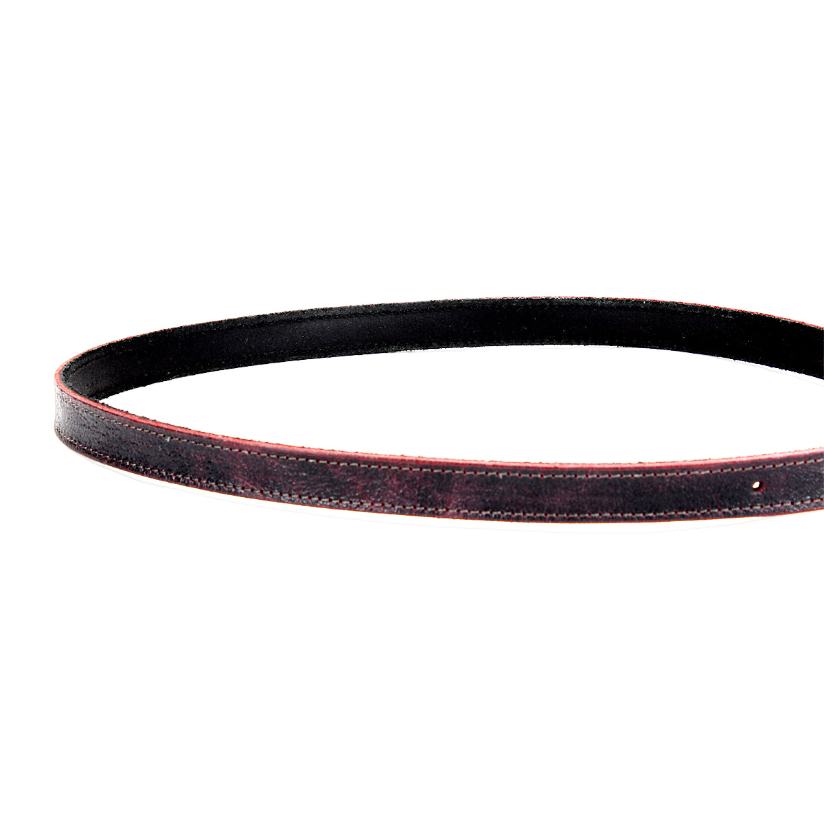 A Bed Stu Monae belt in black leather with red edging, displayed in a circular shape, isolated on a plain white background.