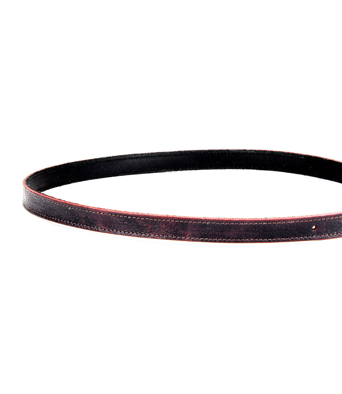 A Bed Stu Monae belt in black leather with red edging, displayed in a circular shape, isolated on a plain white background.