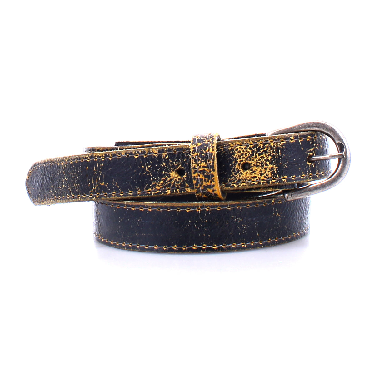 A worn black leather Bed Stu Monae belt with a tarnished metal buckle, coiled neatly.