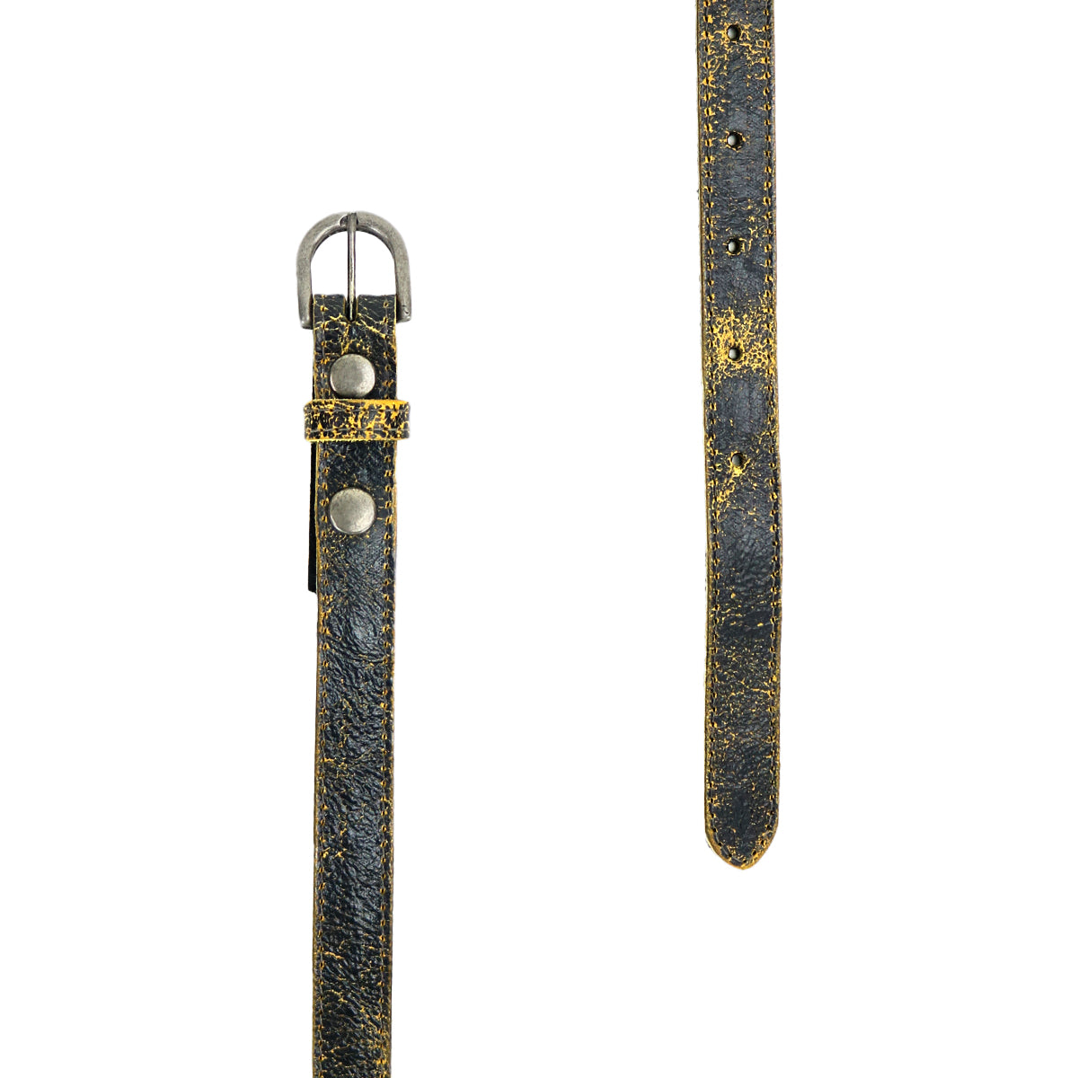 Two segments of the Bed Stu Monae belt, showcasing a distressed yellow leather finish. One segment features a metal buckle, while the other displays a pointed tip with holes and metal snap buttons.