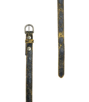 Two segments of the Bed Stu Monae belt, showcasing a distressed yellow leather finish. One segment features a metal buckle, while the other displays a pointed tip with holes and metal snap buttons.