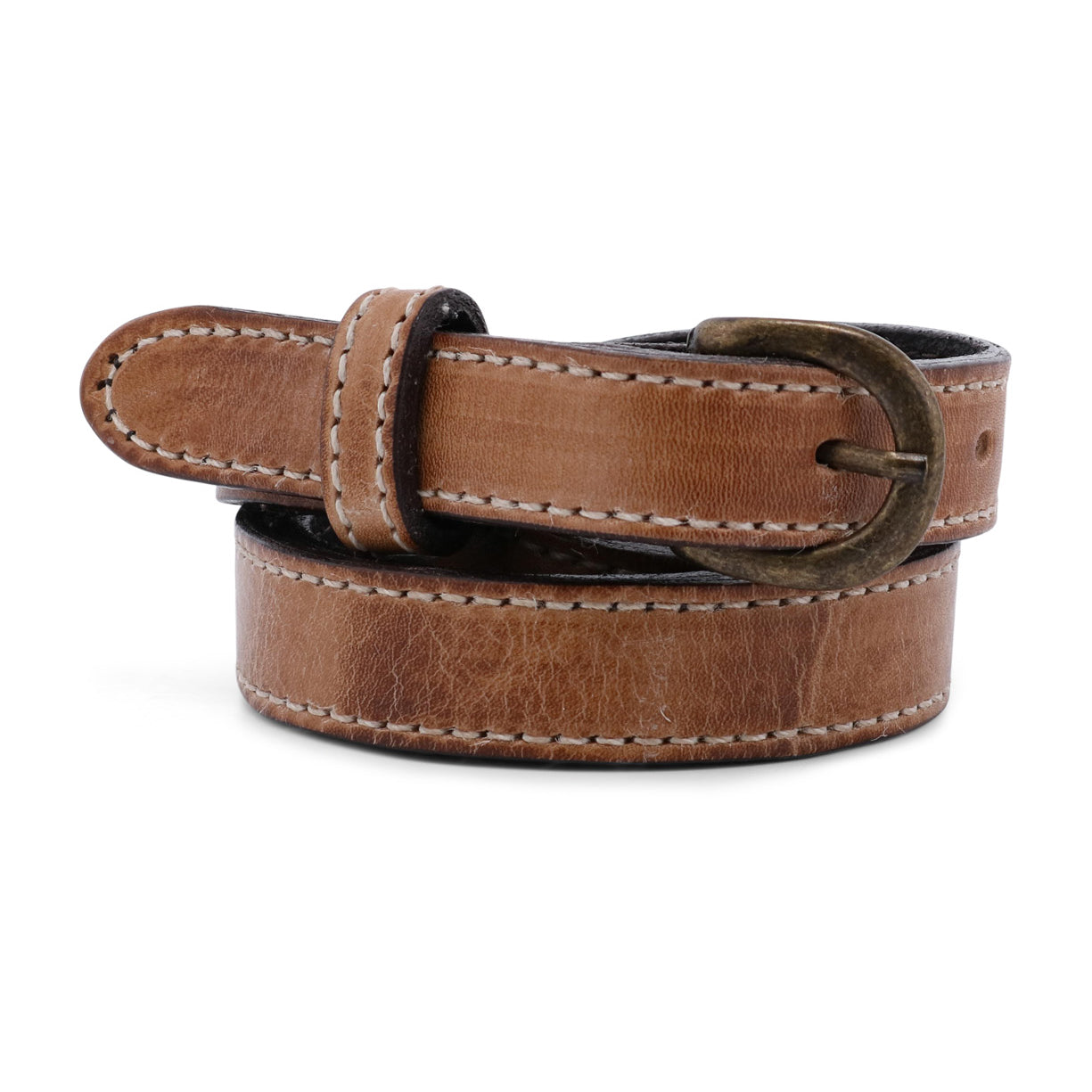 A Monae leather belt with black stitching, by Bed Stu.