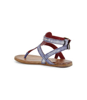 The Moon sandal by Bed Stu features purple and red straps, a flat brown sole, decorative stitching, and a side buckle closure.