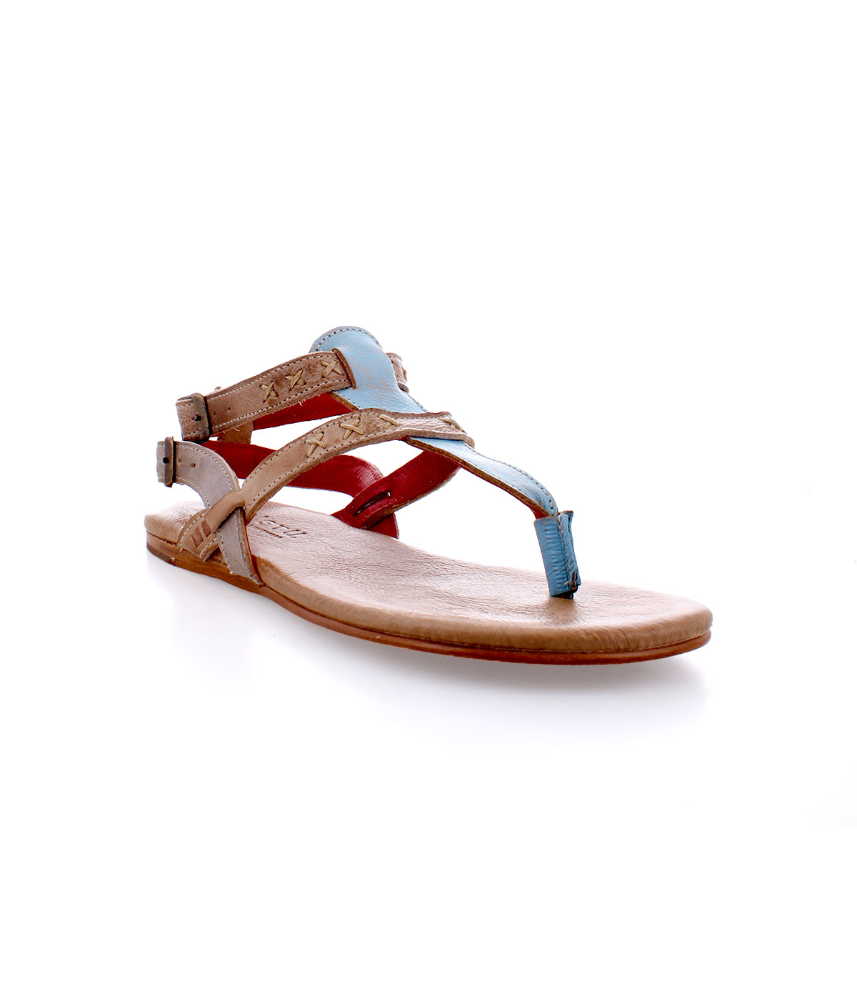 An artisanal craftsmanship strappy sandal, combining comfort with Moon blue and red straps by Bed Stu.