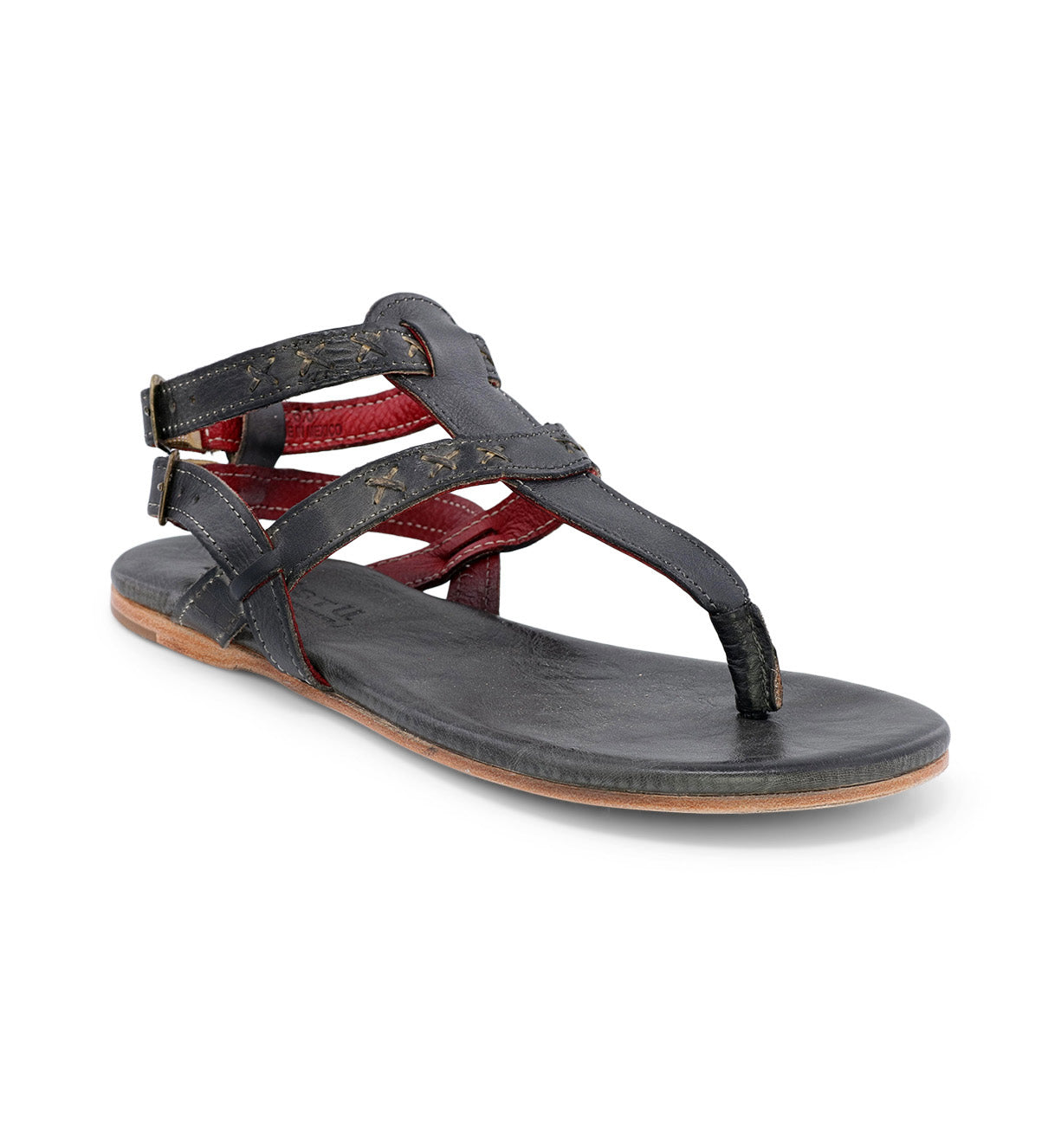 A women's Bed Stu Moon black leather sandal with red straps.
