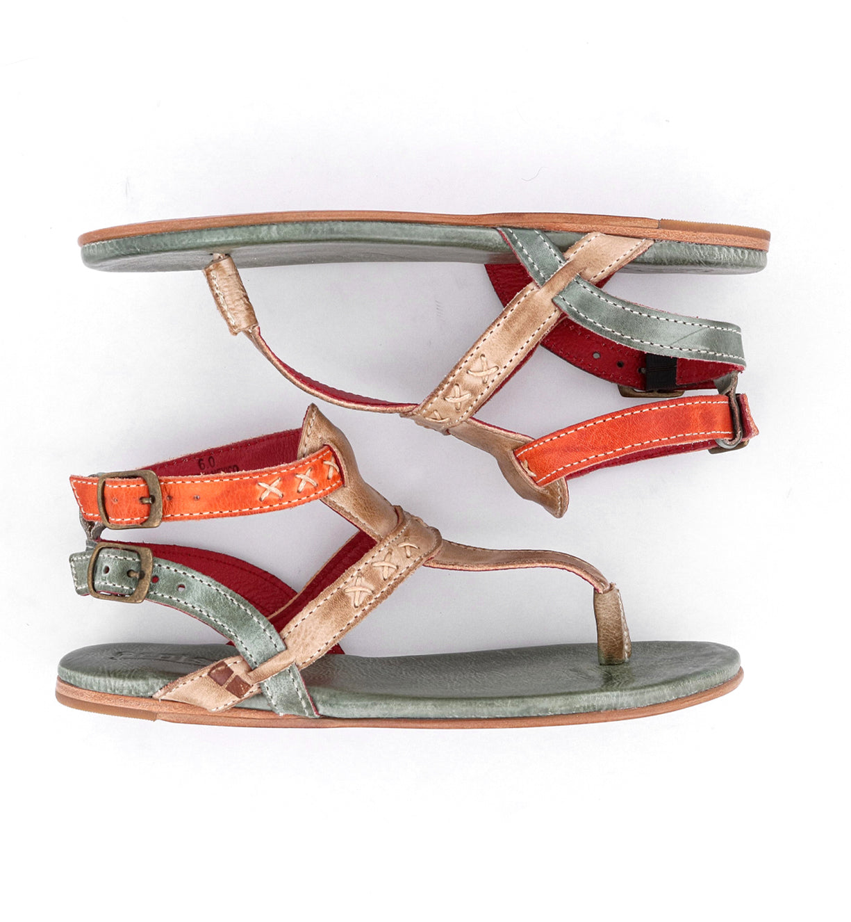 A pair of Bed Stu Moon women's sandals with orange and green straps.