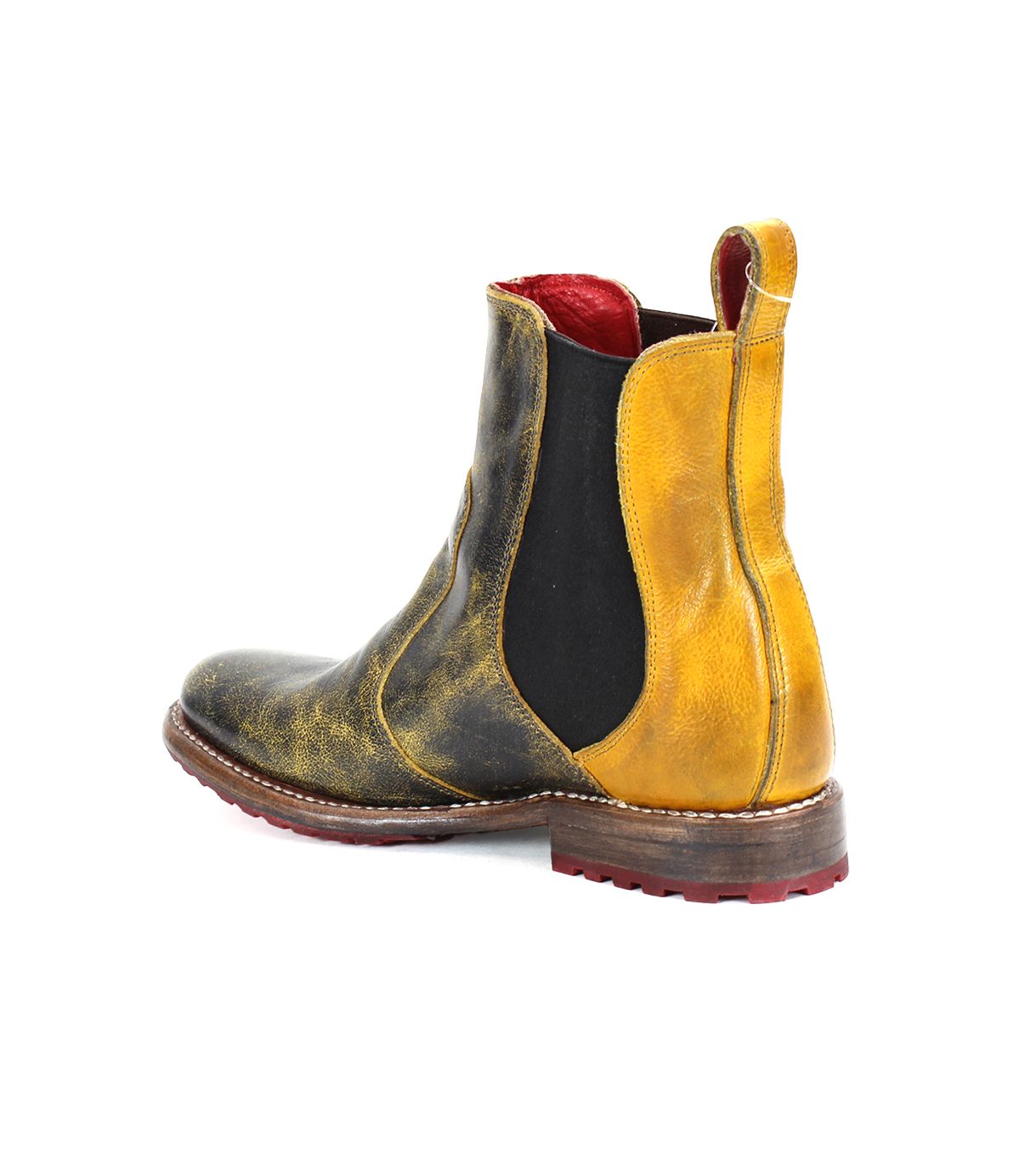 A side view of the Nandi, a single brown and yellow leather Chelsea boot by Bed Stu, featuring black elastic panels and a red interior lining, showcasing stylish fashion footwear in women's boots.