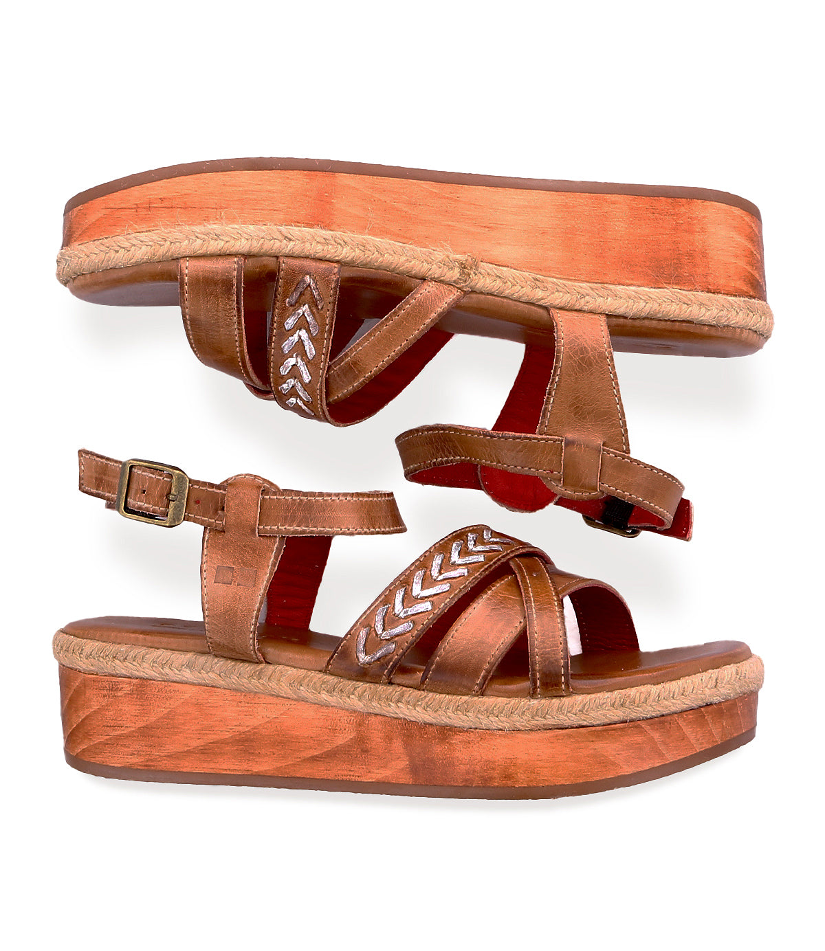 The Bed Stu Necessary sandals feature brown leather, stitched straps, ankle buckles, white stitching accents, and a woven trim around wooden platform soles.
