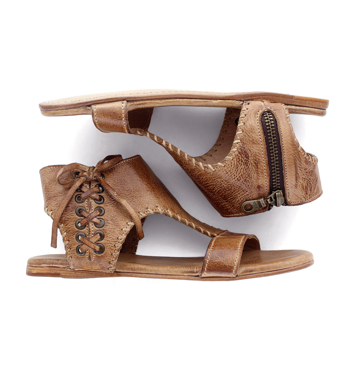 A pair of Nina sandals by Bed Stu with a zipper on the side.