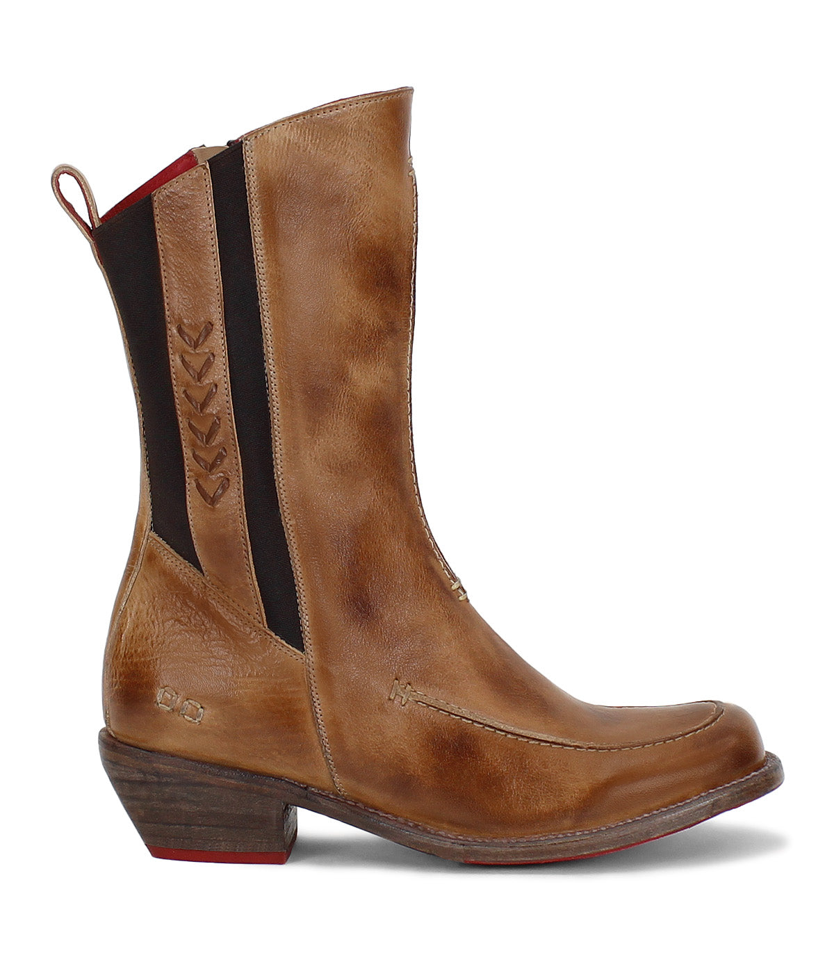 A women's Nivi boot by Bed Stu with a red sole.