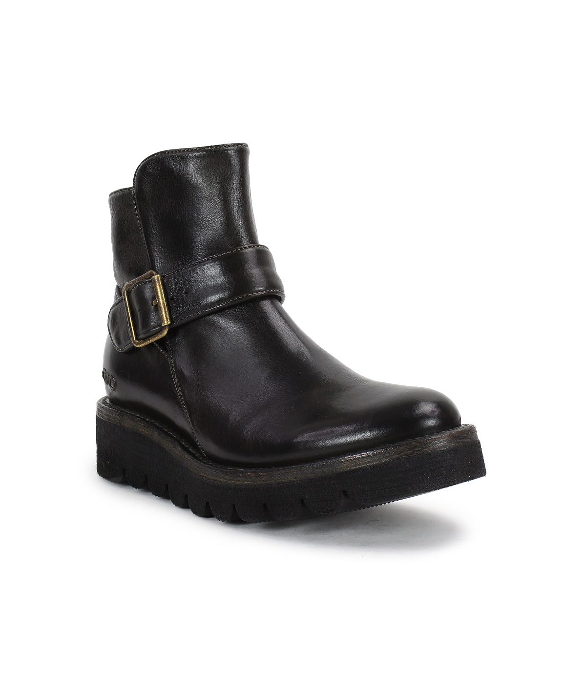 The Bed Stu Nudge II is a black leather ankle boot with an adjustable strap, decorative side buckle, low heel, and thick textured sole, shown on a white background.