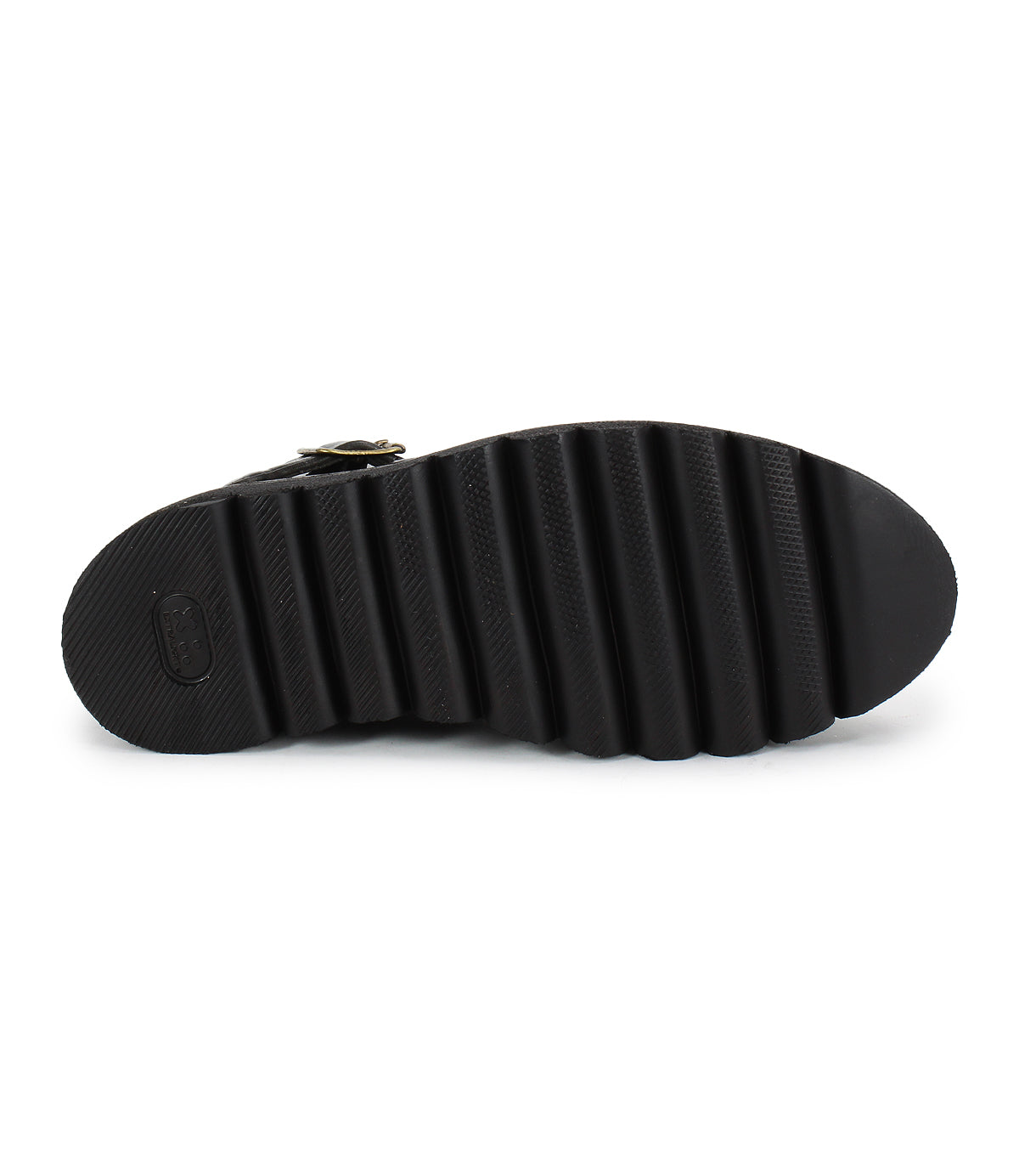 The image shows the bottom view of the Bed Stu Nudge II black ankle boot, featuring a ridged, grooved sole tread and a small rectangular logo near the heel.