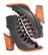 A pair of black leather Occam peep-toe heels with wooden heels by Bed Stu.