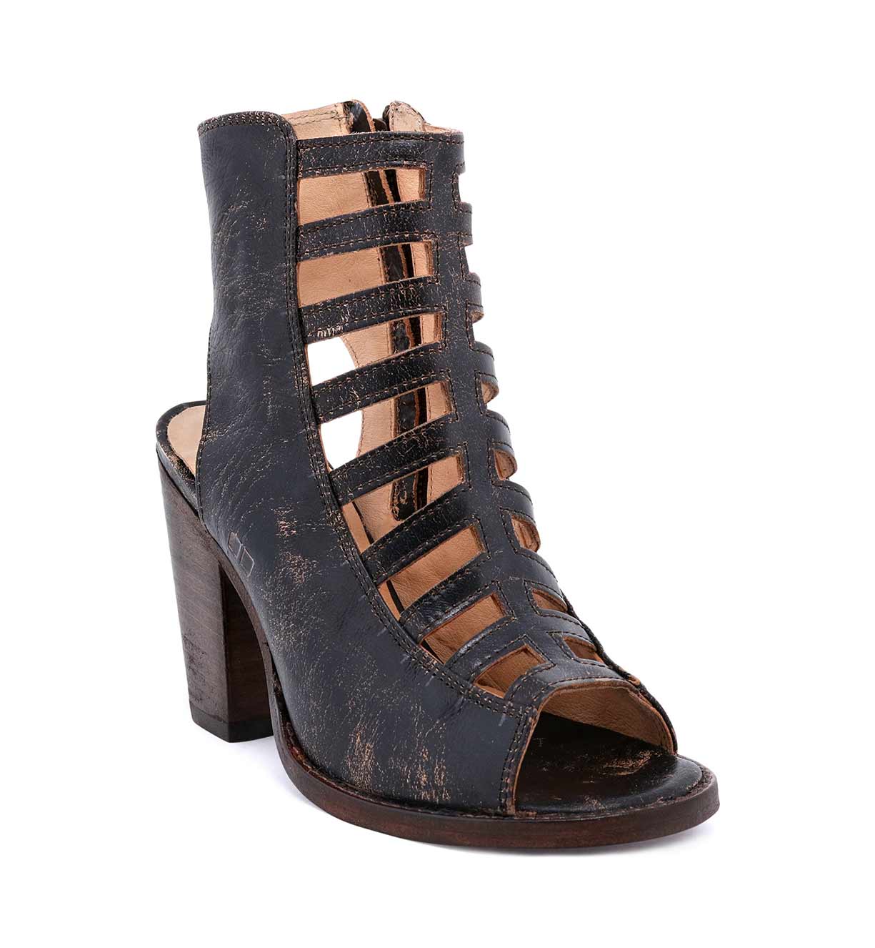 A women's black high heeled sandal with a wooden heel, the Occam by Bed Stu.