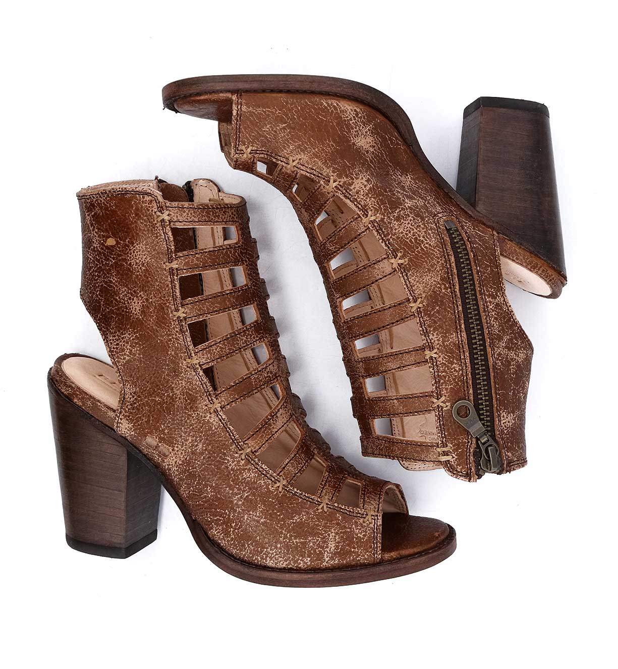 A pair of Bed Stu Occam P sandals with a wooden heel.