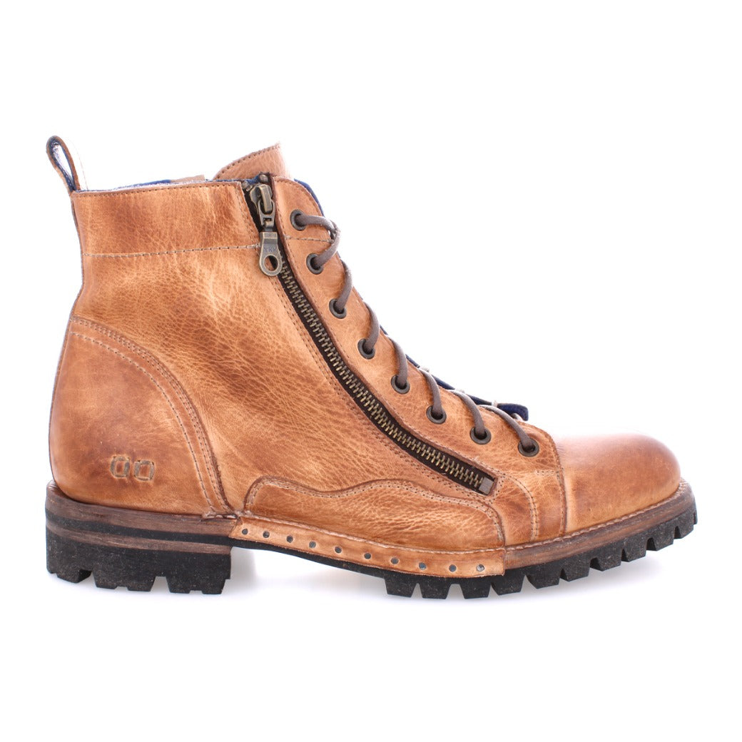 An Old Bowen Trek men's brown leather boot with a zipper on the side by Bed Stu.