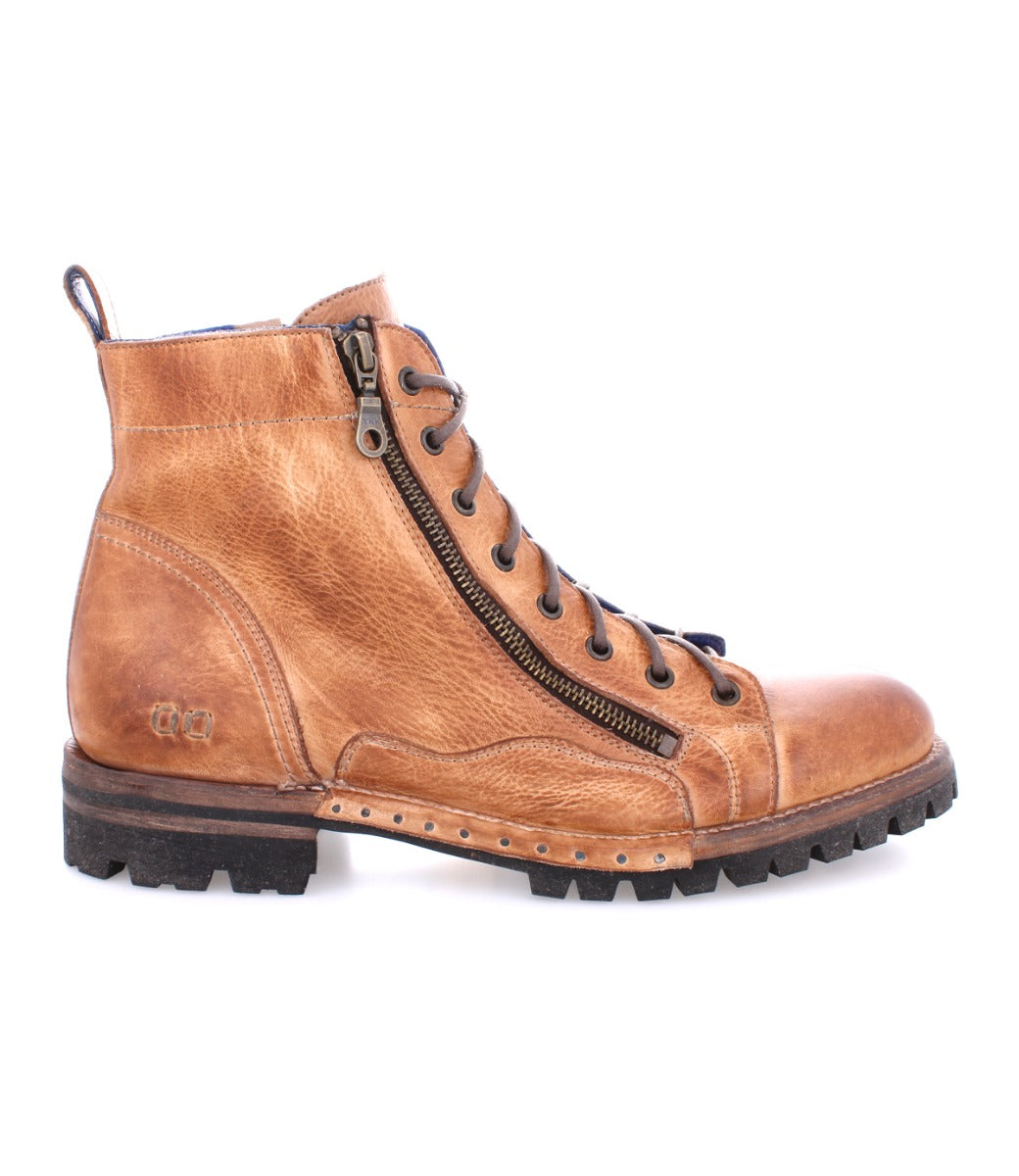 An Old Bowen Trek men's brown leather boot with a zipper on the side by Bed Stu.
