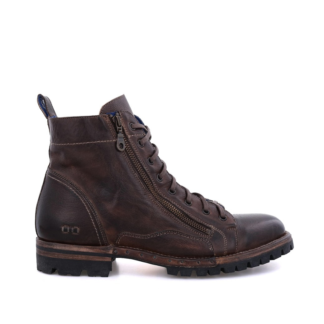 An Old Bowen Trek men's brown leather boot with a zipper on the side by Bed Stu.