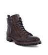An Old Bowen Trek boot by Bed Stu, made of brown leather with a zipper on the side.