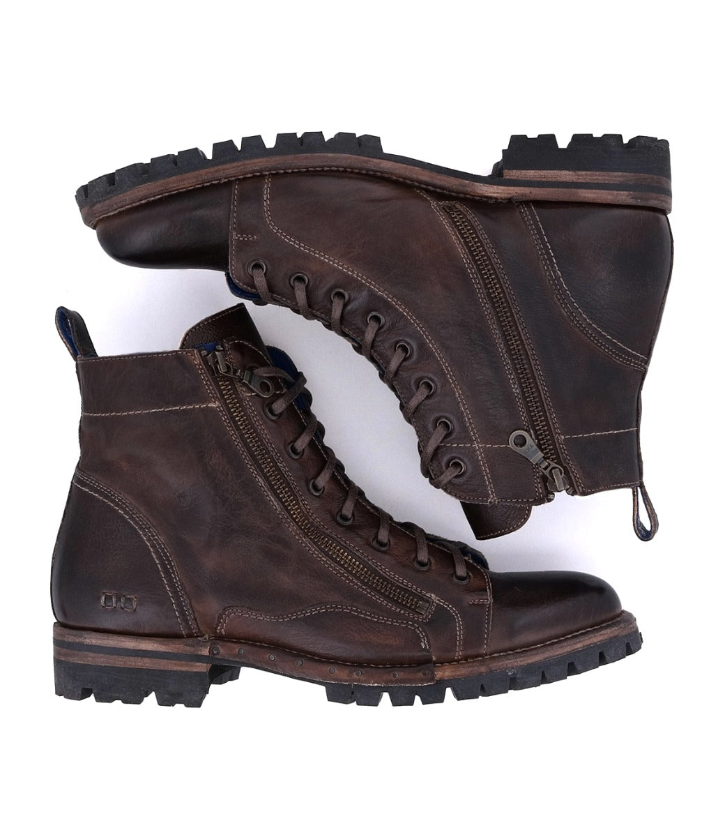 A pair of men's Bed Stu Old Bowen Trek brown leather boots.