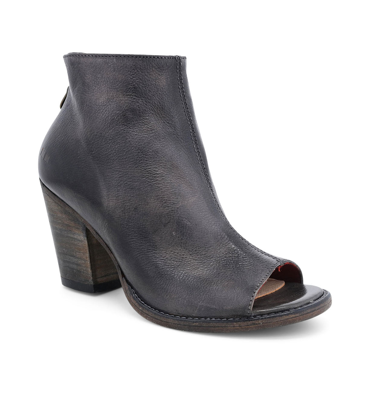A women's black peep toe bootie with a wooden heel, the Onset from Bed Stu.
