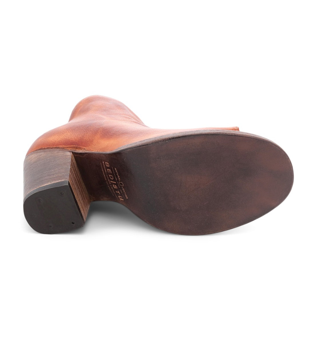 The back view of a Bed Stu tan leather ankle boot named Onset.