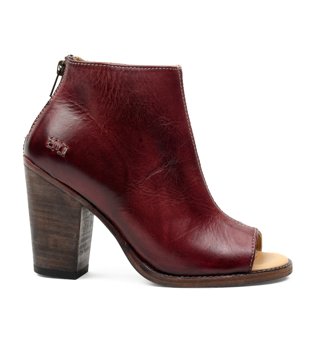 A burgundy leather Onset ankle boot with a wooden heel by Bed Stu.