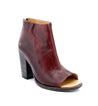 A Bed Stu women's peep toe boot in burgundy leather, called the Onset.