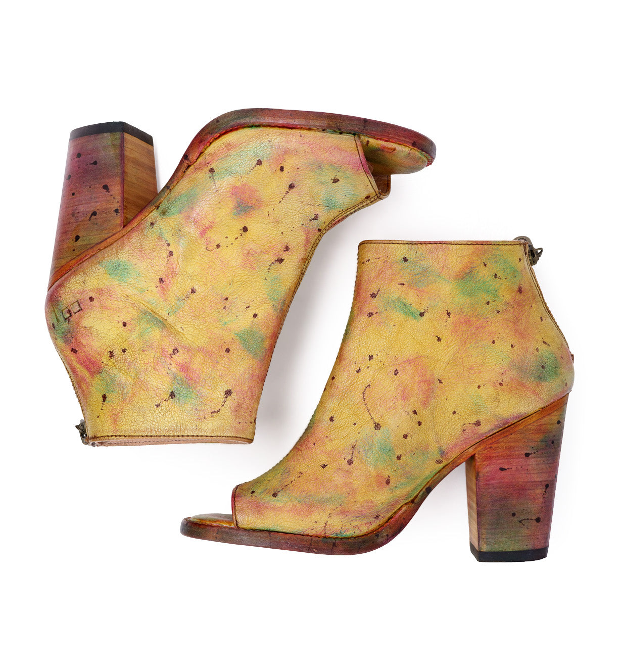 A pair of Bed Stu Onset women's ankle boots with colorful paint on them.