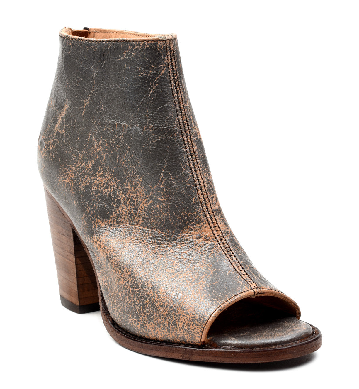 A women's peep toe boot with a wooden heel, the "Onset" by Bed Stu.