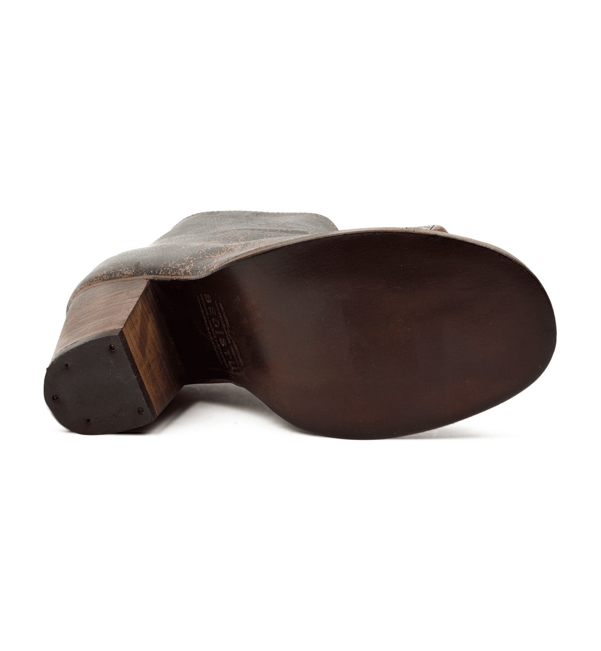 A pair of Bed Stu Onset brown leather boots with a wooden sole.