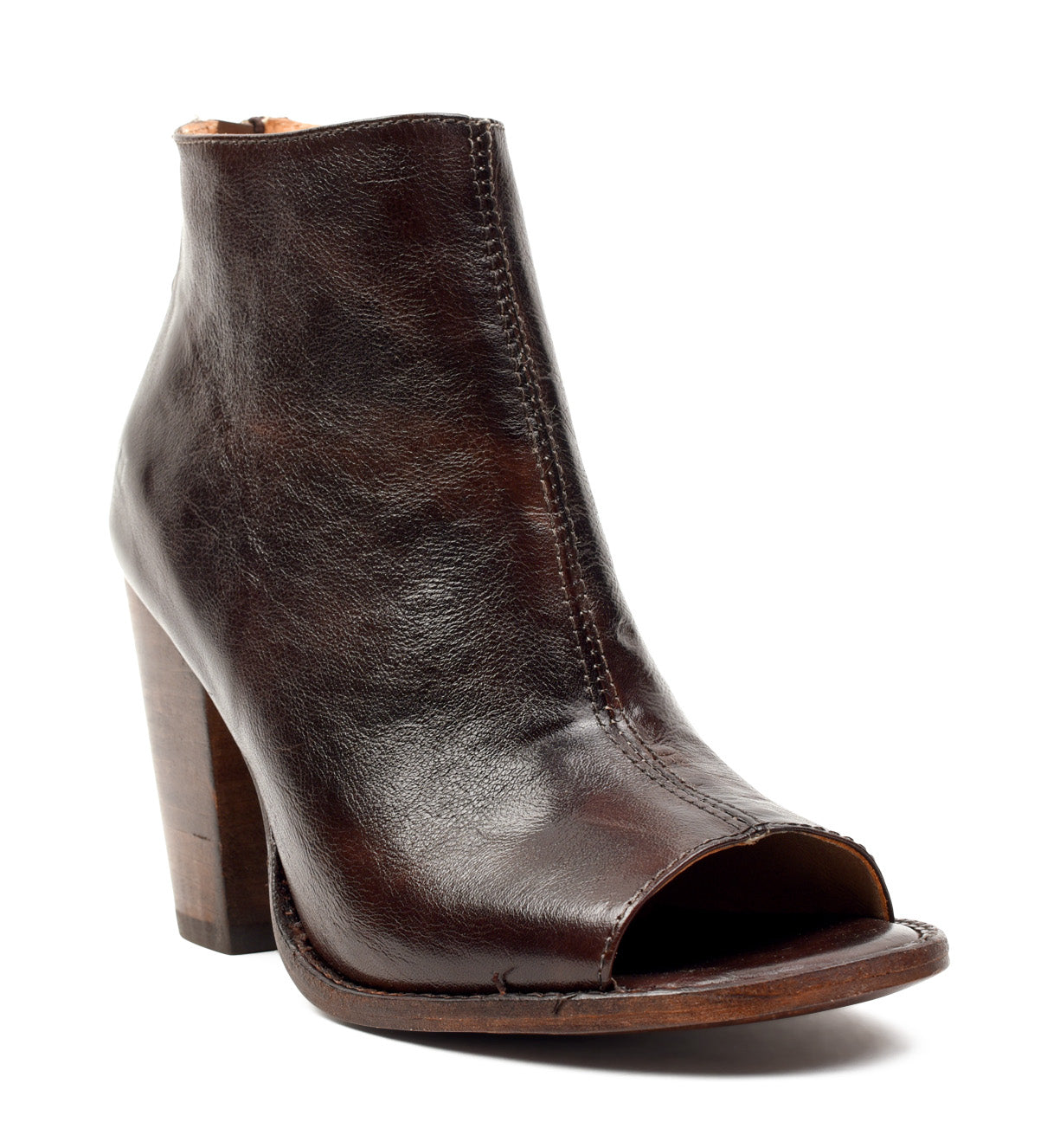 A brown leather Onset peep toe boot with a wooden heel by Bed Stu.