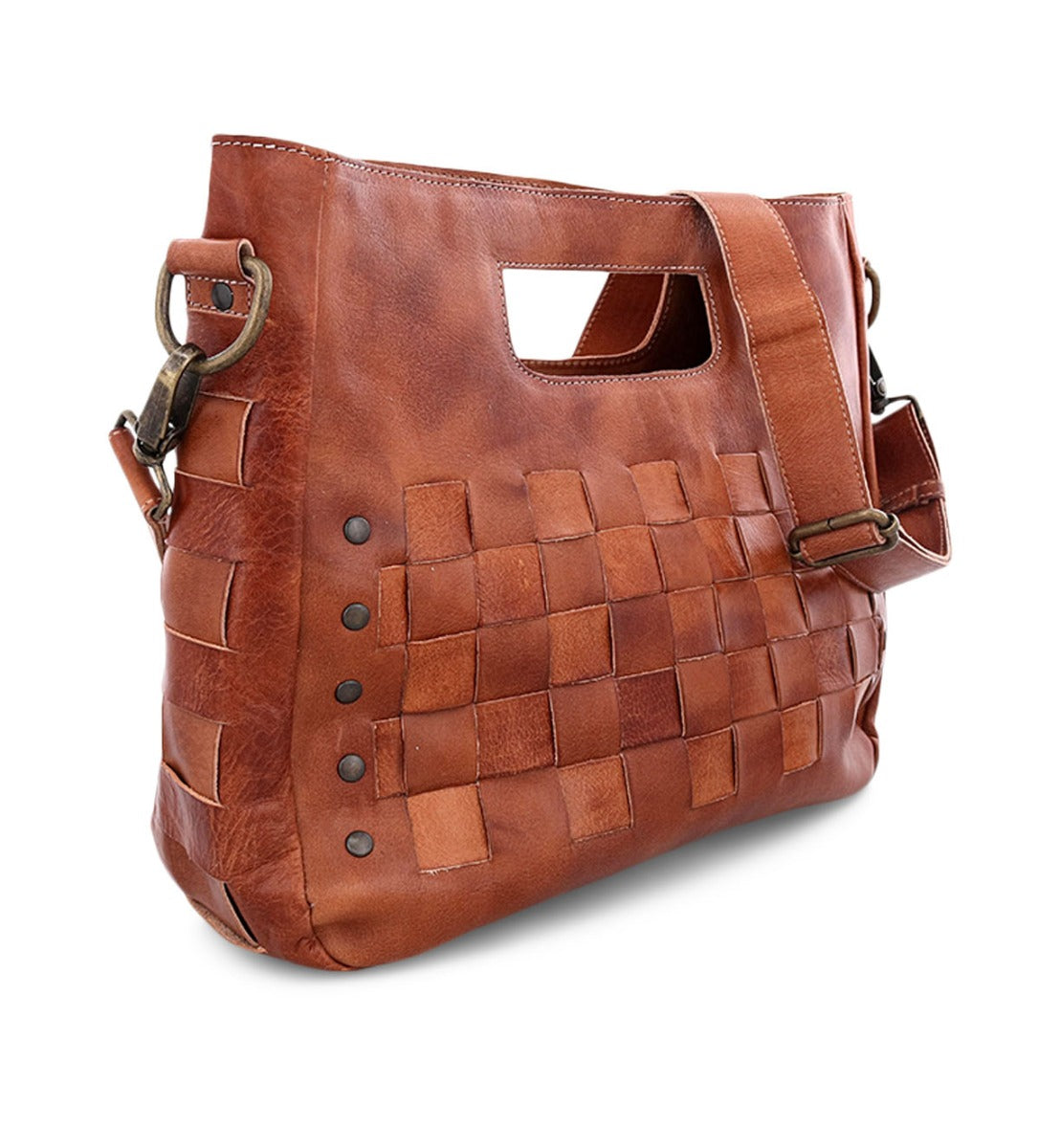 A cognac leather Bed Stu Orchid tote bag with a strap.