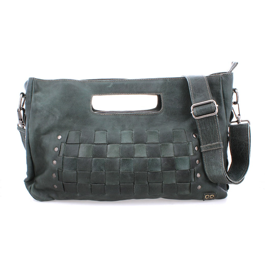 An Orchid L bag from Bed Stu, made of green leather with a strap and studs.