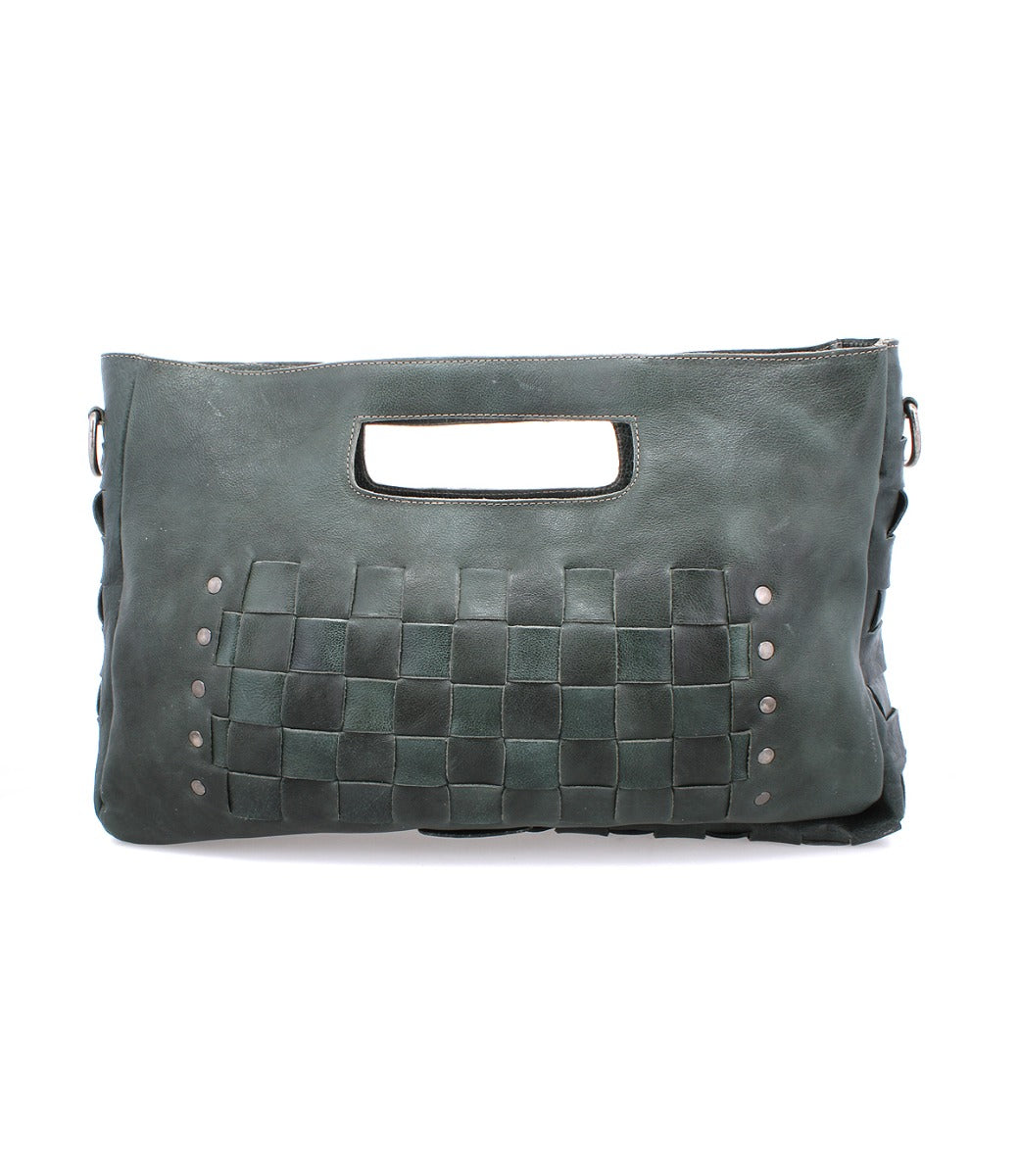A green leather clutch bag with studded details, called the Orchid L by Bed Stu.