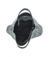 The inside of a Bed Stu Orchid L grey leather bag with zippers.